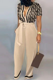 Yellow Casual Print Patchwork Buckle Turndown Collar Straight Jumpsuits