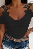 Grey Casual Solid Hollowed Out V Neck T-Shirts