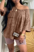 Light Brown Casual Print Patchwork V Neck Short Sleeve Two Pieces