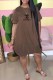 Coffee Casual Print Letter O Neck Lantern Skirt Dresses