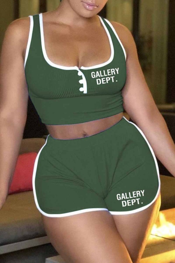 Army Green Street Print Letter U Neck Sleeveless Two Pieces
