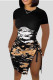 Black Sexy Print Patchwork Slit Zipper O Neck Pencil Skirt Dresses