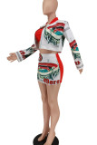 White Street Print Patchwork Cardigan Collar Long Sleeve Two Pieces
