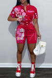 Red Casual Print Patchwork Short Sleeve Two Pieces