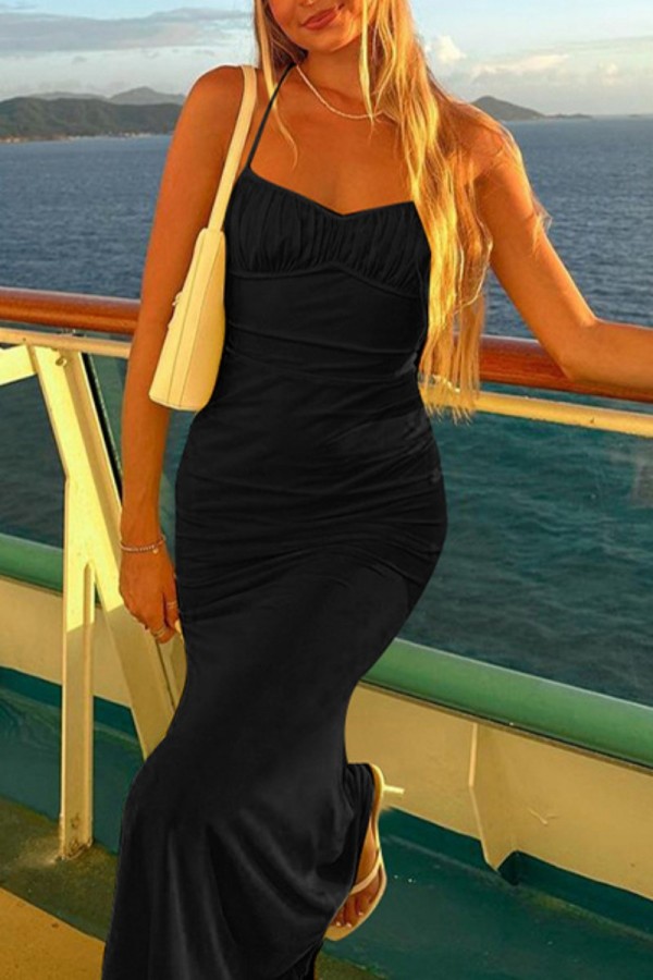 Black Sexy Casual Solid Backless Spaghetti Strap Long Dress Dresses