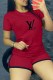 Red Casual Print Letter O Neck Short Sleeve Two Pieces