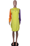 Yellow Casual Solid Patchwork Buckle Turndown Collar Dresses