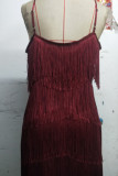 Red Sexy Solid Tassel Patchwork Spaghetti Strap Dresses