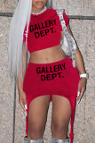Red Casual Print Basic O Neck Short Sleeve Two Pieces