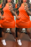 Orange Fashion Casual Solid Basic V Neck Short Sleeve Dress
