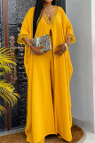Yellow Casual Solid Hollowed Out Patchwork Slit V Neck Three Quarter Two Pieces