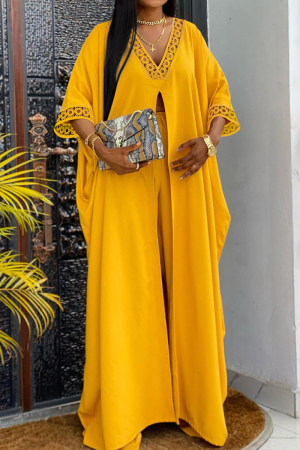 Yellow Casual Solid Hollowed Out Patchwork Slit V Neck Three Quarter Two Pieces