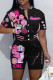 Black Casual Print Patchwork Short Sleeve Two Pieces