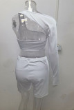 White Sexy Solid Hollowed Out Patchwork Asymmetrical Asymmetrical Collar Plus Size Two Pieces
