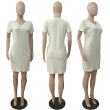 Red Fashion Casual Solid Basic V Neck Short Sleeve Dress