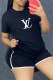 Black Casual Print Letter O Neck Short Sleeve Two Pieces
