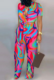 Blue Casual Print Patchwork Buckle Turndown Collar Straight Jumpsuits