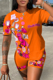 Fluorescent Color Casual Street Print Patchwork O Neck Short Sleeve Two Pieces