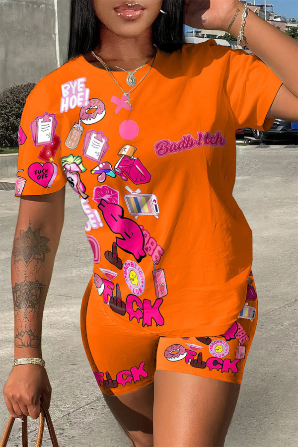 Tangerine Casual Street Print Patchwork O Neck Short Sleeve Two Pieces