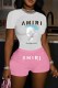 Pink Casual Print Letter O Neck Short Sleeve Two Pieces