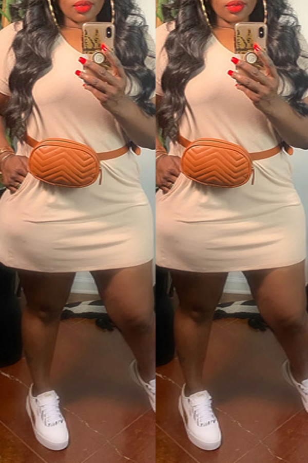 Apricot Fashion Casual Solid Basic V Neck Short Sleeve Dress