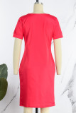 Red Casual Print Basic O Neck Short Sleeve Dress
