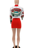 White Street Print Patchwork Cardigan Collar Long Sleeve Two Pieces