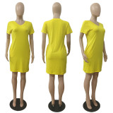 Red Fashion Casual Solid Basic V Neck Short Sleeve Dress