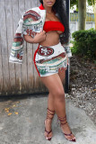 White Street Print Patchwork Cardigan Collar Long Sleeve Two Pieces