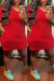Red Fashion Casual Solid Basic V Neck Short Sleeve Dress