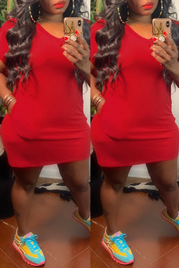 Red Fashion Casual Solid Basic V Neck Short Sleeve Dress