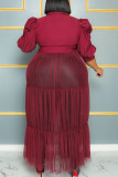 Yellow Casual Elegant Solid Patchwork Buckle Fold Turndown Collar Cake Skirt Plus Size Dresses