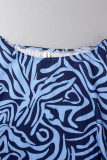 Blue Casual Print Patchwork Fold O Neck A Line Dresses