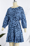 Blue Casual Print Patchwork Fold O Neck A Line Dresses