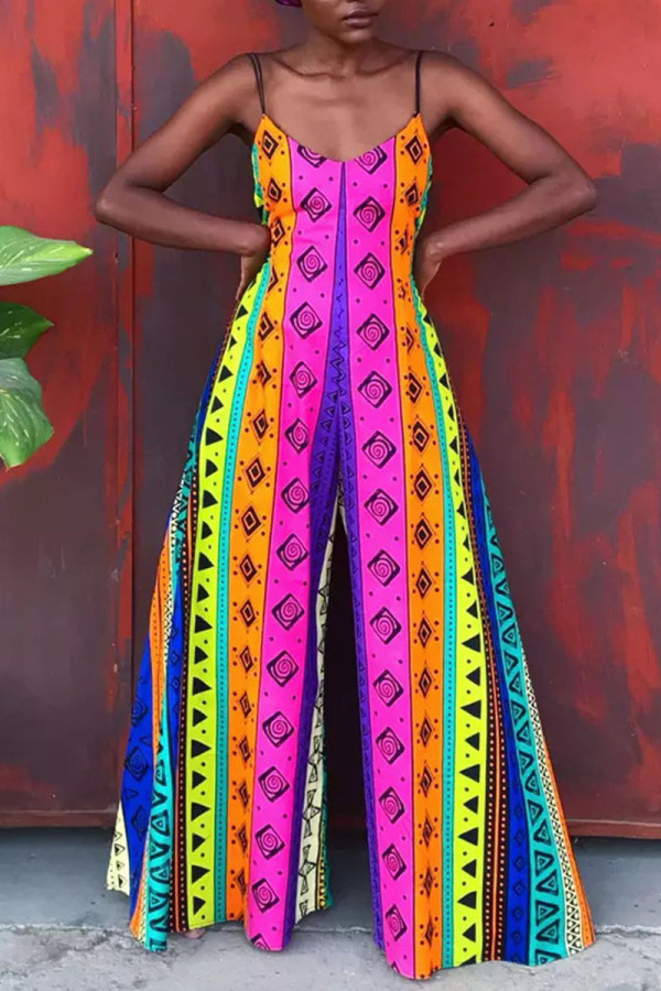 Colour Street Bohemian Print Patchwork Spaghetti Strap Straight Jumpsuits