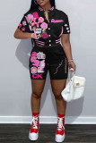 Red Casual Print Patchwork Short Sleeve Two Pieces