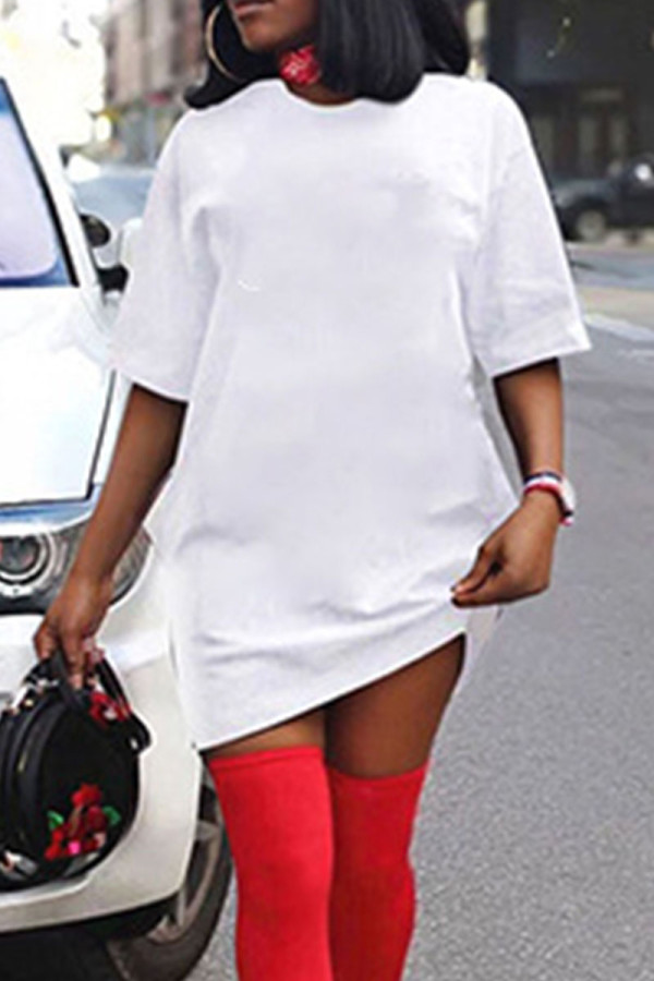 White Casual Street Solid Patchwork O Neck T-shirt Dress Dresses
