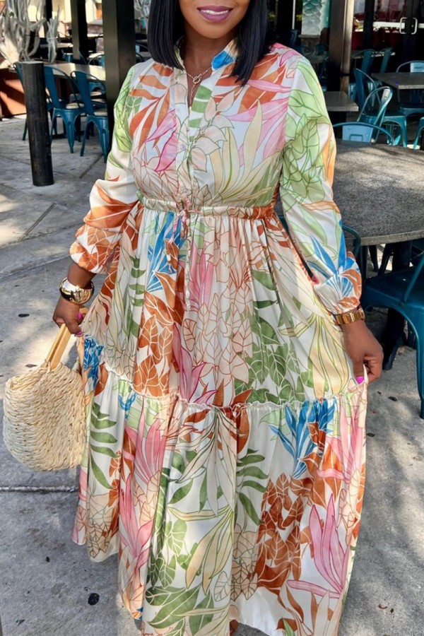 Colour Casual Print Patchwork V Neck Long Sleeve Dresses