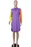 Purple Casual Solid Patchwork Buckle Turndown Collar Dresses