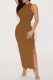 Brown Sexy Casual Solid Slit Half A Turtleneck Long Dress Dresses