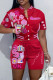 Red Casual Print Patchwork Short Sleeve Two Pieces