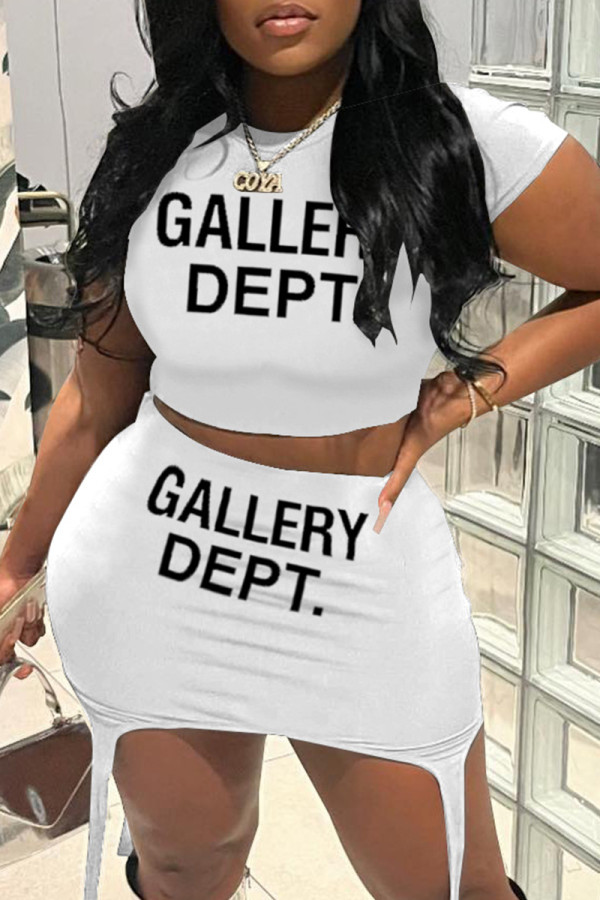 White Casual Print Basic O Neck Short Sleeve Two Pieces