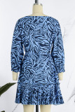 Blue Casual Print Patchwork Fold O Neck A Line Dresses