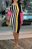 Black Casual Striped Print Patchwork O Neck Dresses