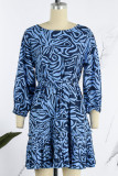 Blue Casual Print Patchwork Fold O Neck A Line Dresses