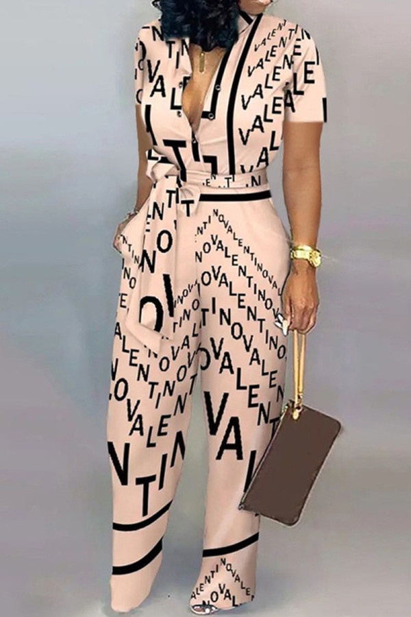 Apricot Casual Print Patchwork Buckle Turndown Collar Straight Jumpsuits