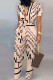 Apricot Casual Print Patchwork Buckle Turndown Collar Straight Jumpsuits