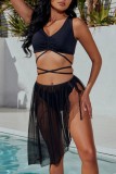 Rose Red Sexy Solid Bandage See-through Swimsuit Three Piece Set (Without Paddings)
