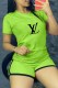 Fluorescent Green Casual Print Letter O Neck Short Sleeve Two Pieces