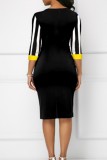 Black Casual Striped Print Patchwork O Neck Dresses